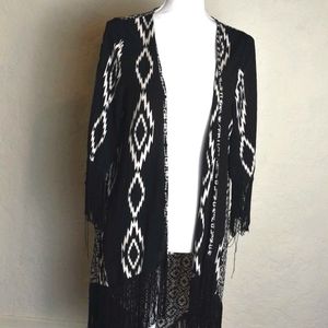 Black and White Kimono Sweater with Black Fringe